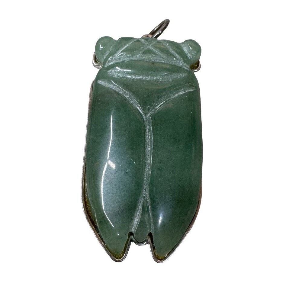 Vtg Jade Cicada Scarab Beetle Pendant Shanghai Tang Artisan Carved Statement 3"